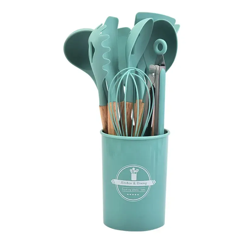 12 Piece Non Stick Silicone Kitchen Utensil Set With Wooden Handles