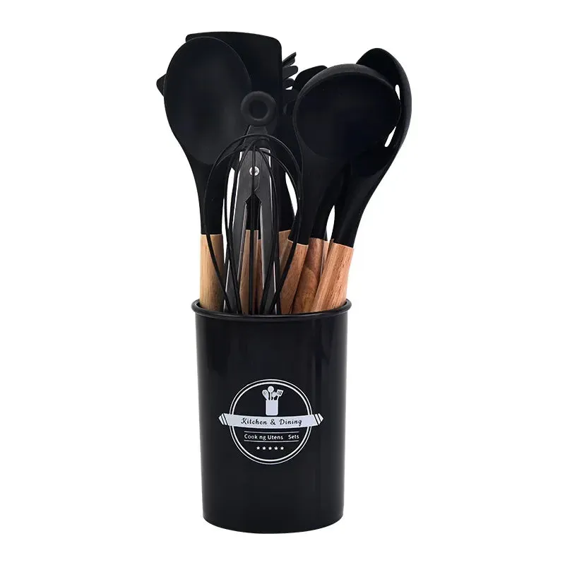 12 Piece Non Stick Silicone Kitchen Utensil Set With Wooden Handles