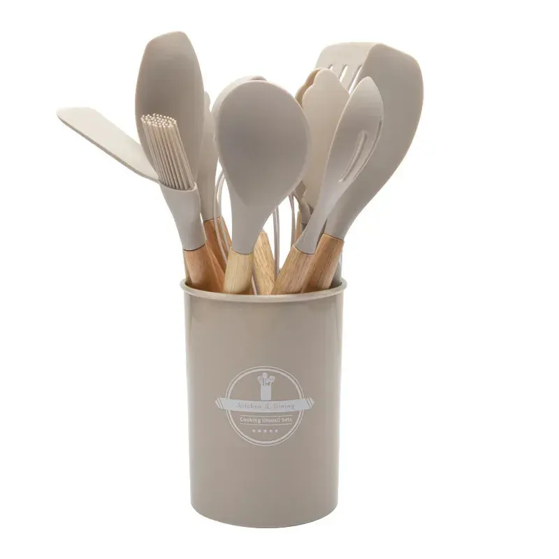 12 Piece Non Stick Silicone Kitchen Utensil Set With Wooden Handles