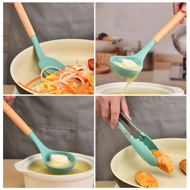 12 Piece Non Stick Silicone Kitchen Utensil Set With Wooden Handles