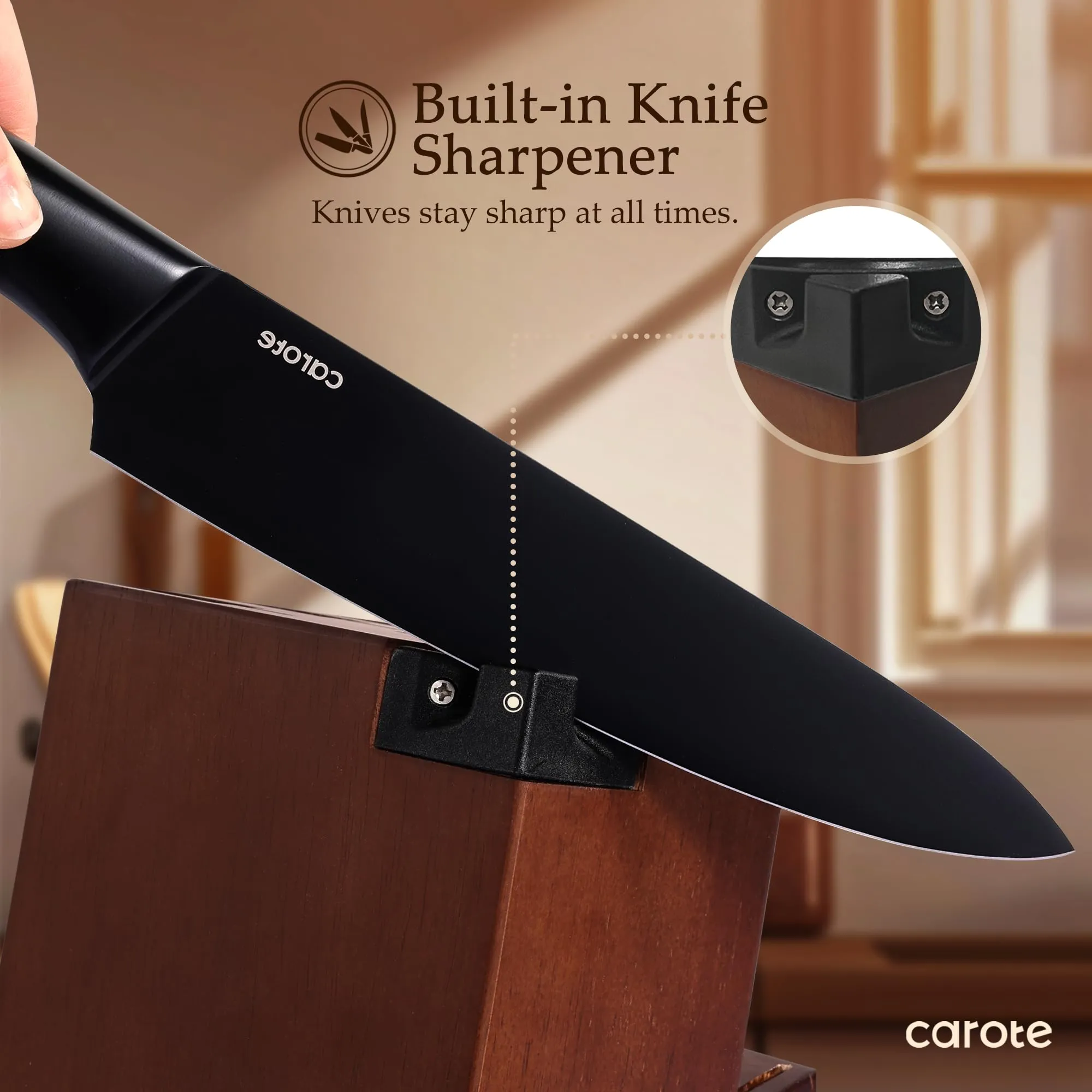CAROTE 14Pcs Kitchen Knife Set, Dishwasher Safe knife set with Block and Sharpener, Stainless Steel Cutlery with Razor-Sharp Blades, 6 Steak Knives, Full-Black