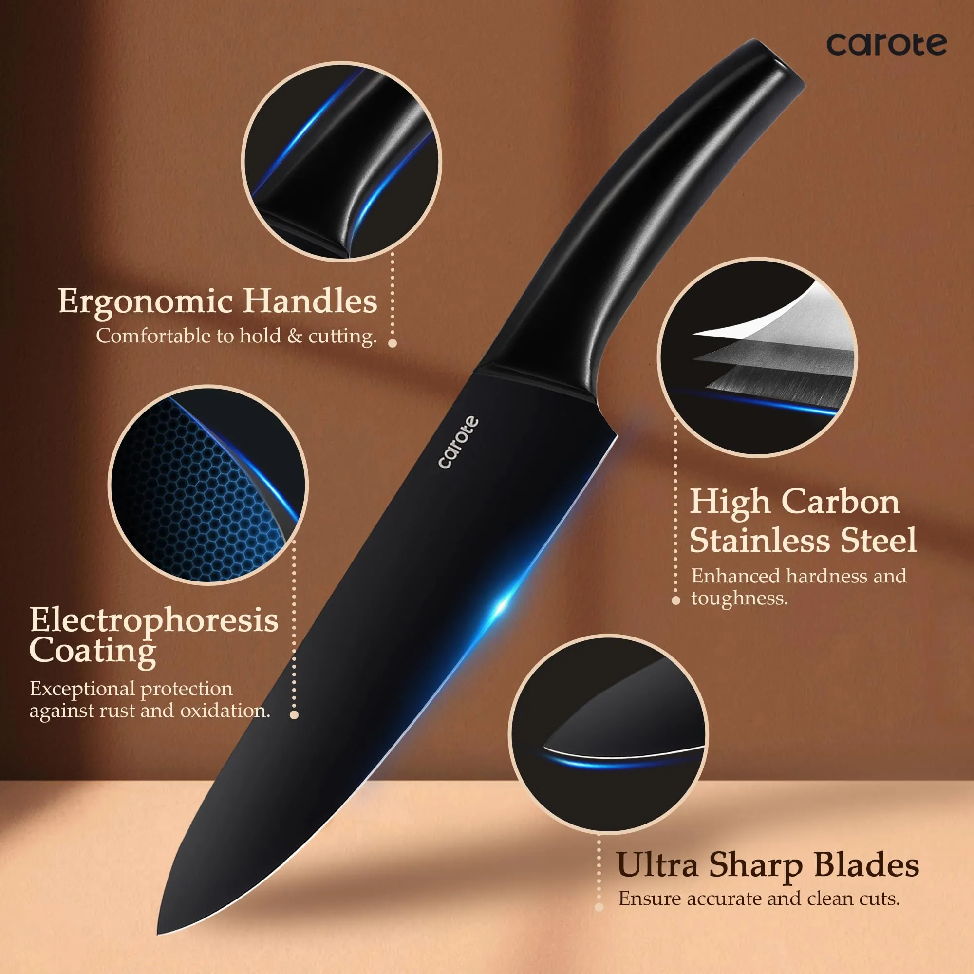 CAROTE 14Pcs Kitchen Knife Set, Dishwasher Safe knife set with Block and Sharpener, Stainless Steel Cutlery with Razor-Sharp Blades, 6 Steak Knives, Full-Black