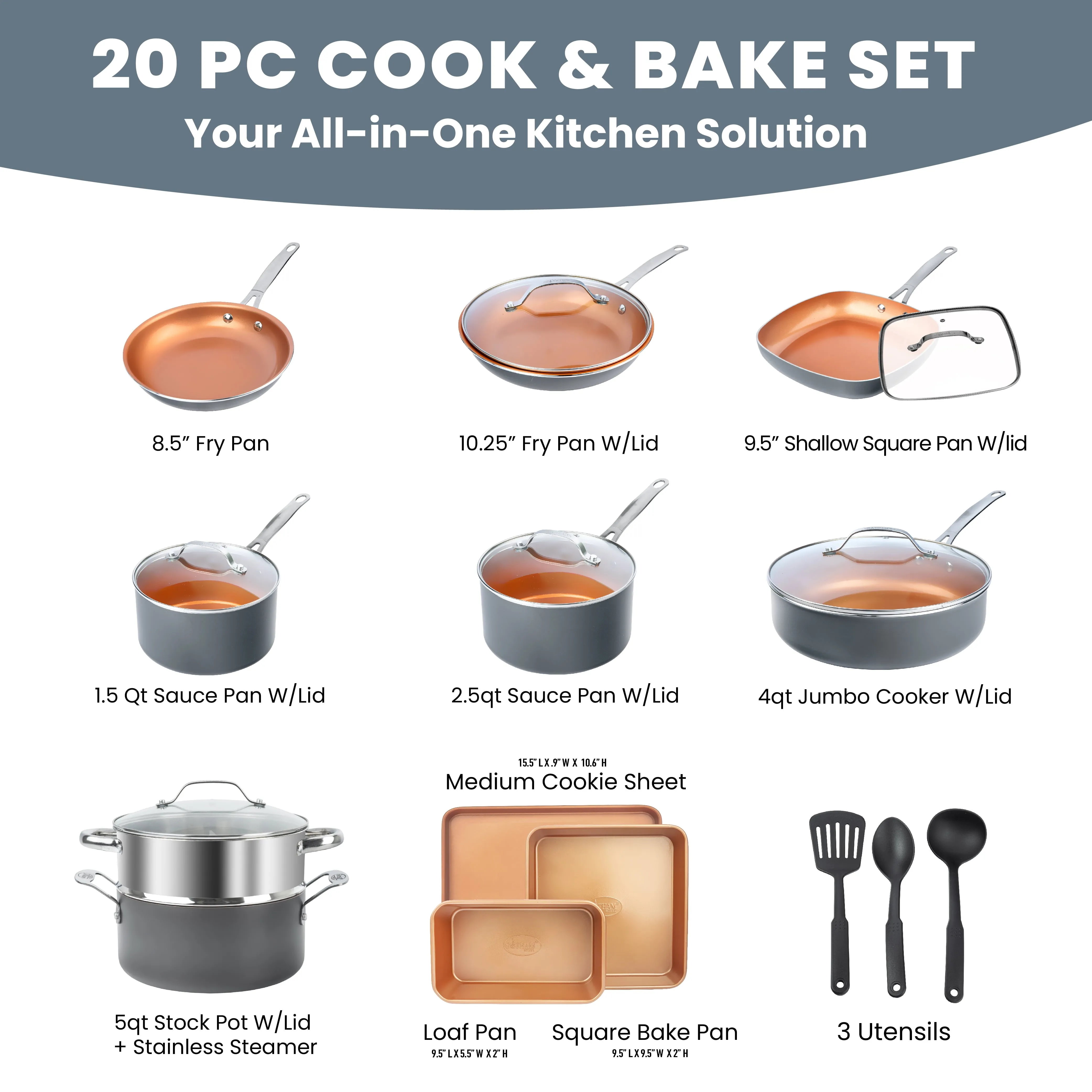Gotham Steel Nonstick Pots and Pans 20 Pcs Set Ceramic Cookware Bakeware Kitchen Set With Frying Skillet Copper