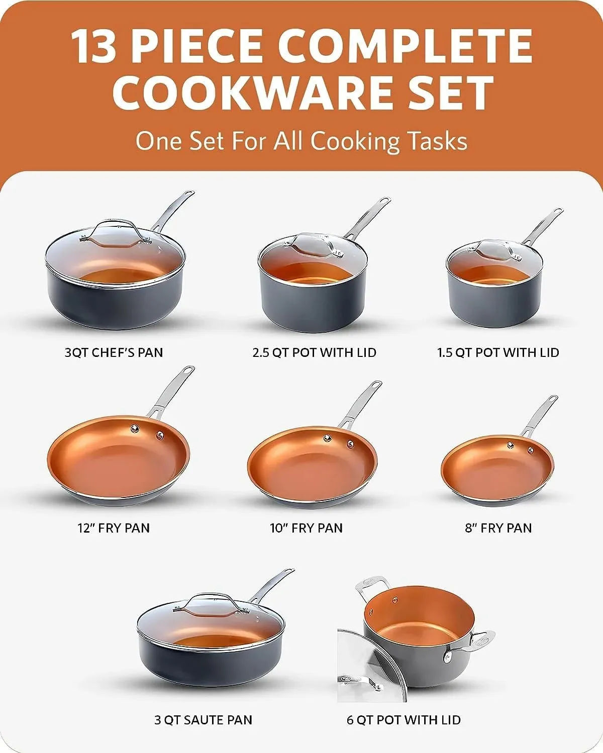 Gotham Steel Pro Nonstick Pots and Pans 13 Piece Set Ceramic Cookware Kitchen Set, with Frying Skillet, Hard Anodized, Gray