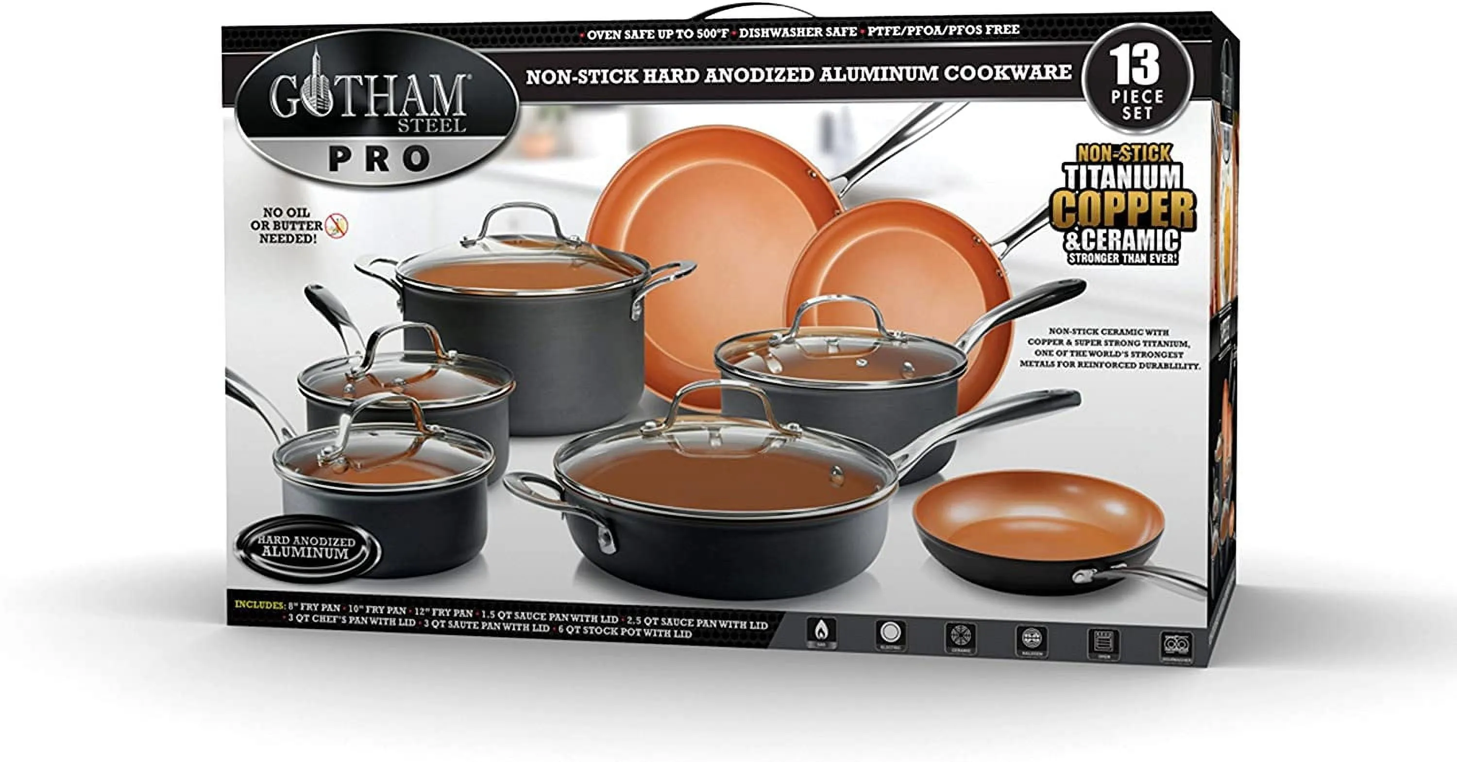 Gotham Steel Pro Nonstick Pots and Pans 13 Piece Set Ceramic Cookware Kitchen Set, with Frying Skillet, Hard Anodized, Gray
