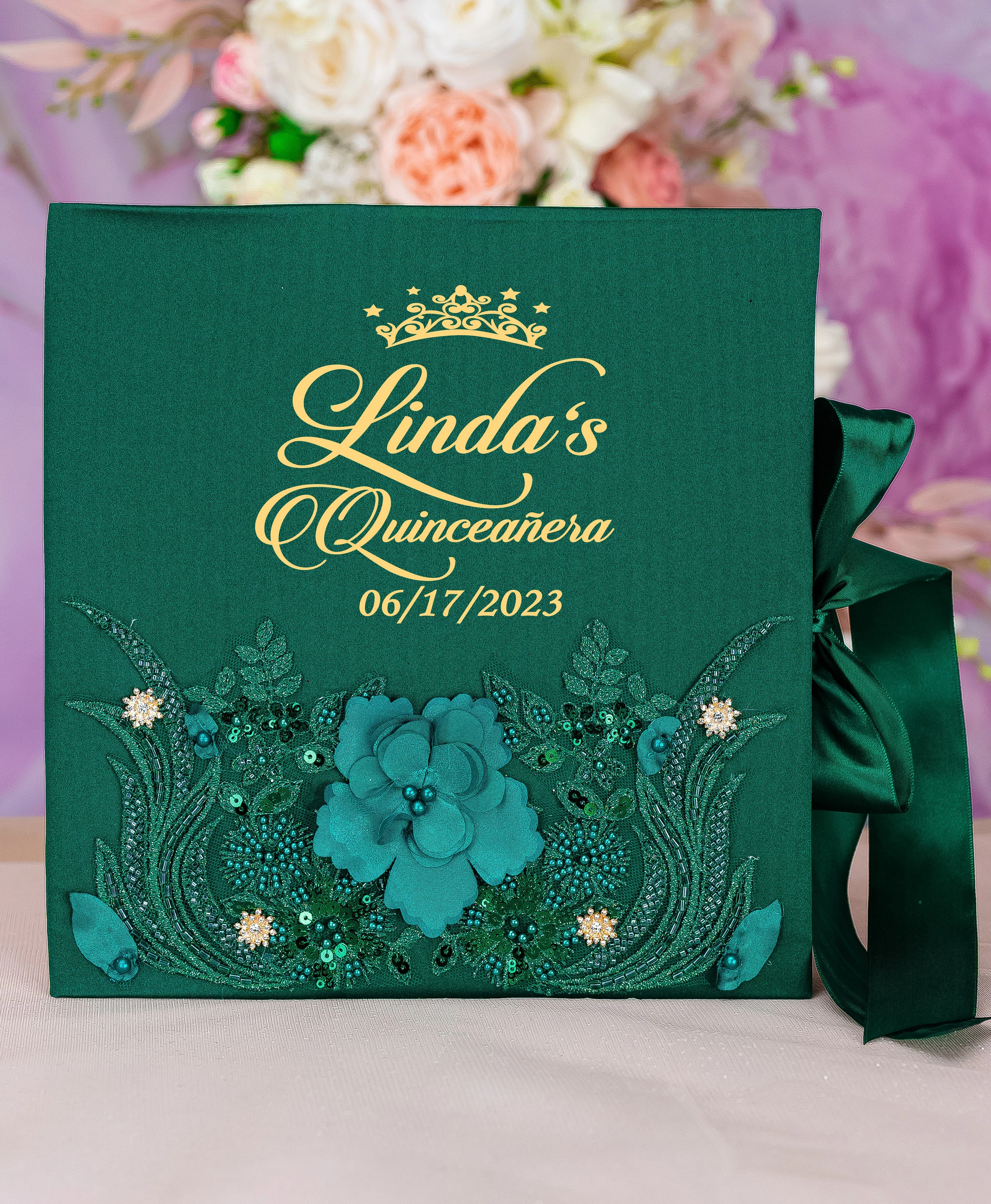 Green with gold album de fotos para Quinceanera