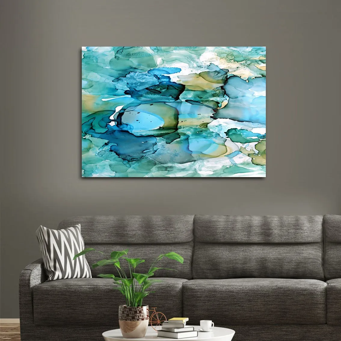 Horizontal aqua blue & green abstract alcohol ink art print