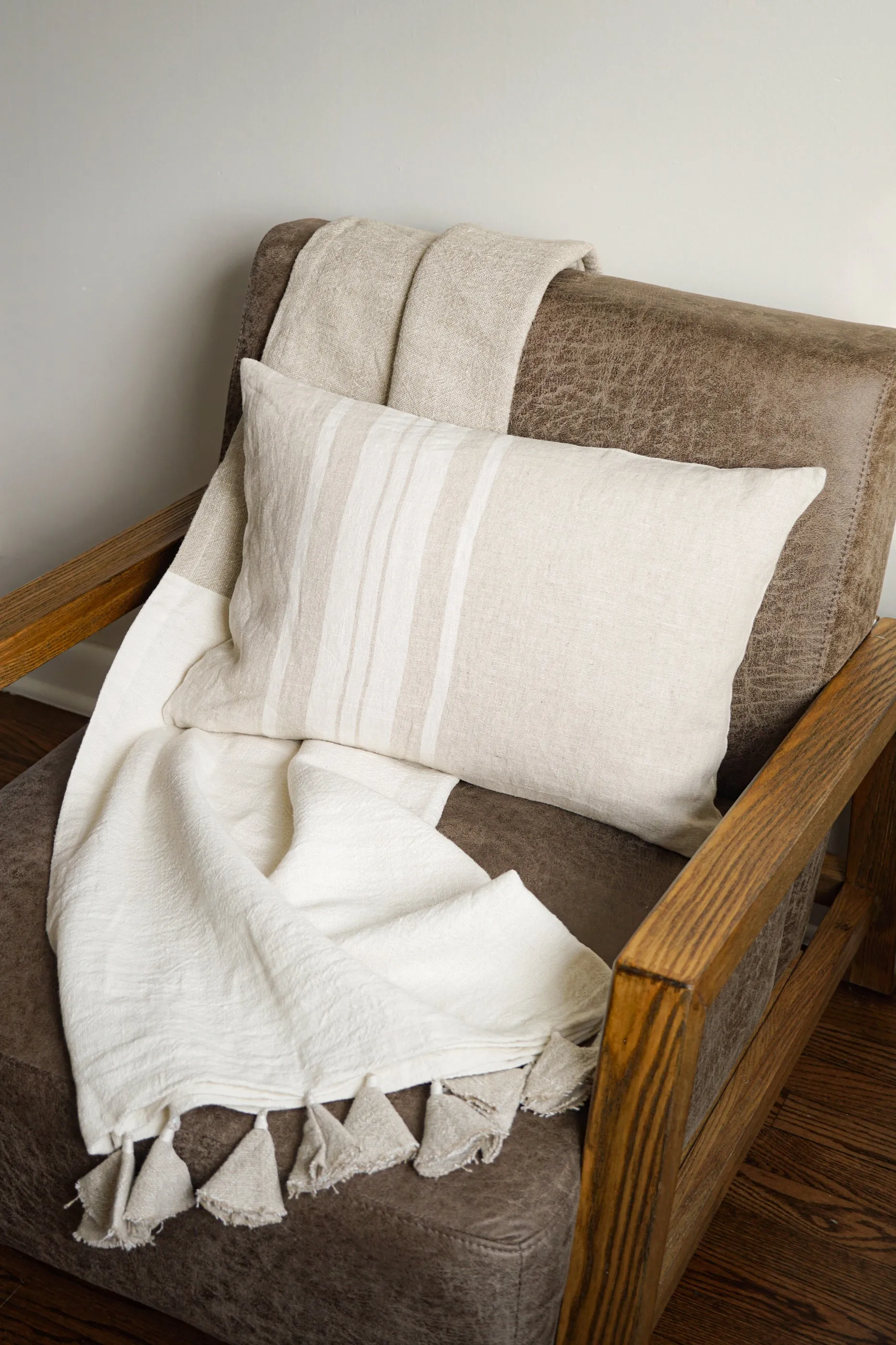Natural Beige Colorblocked Linen Blanket with Tassels