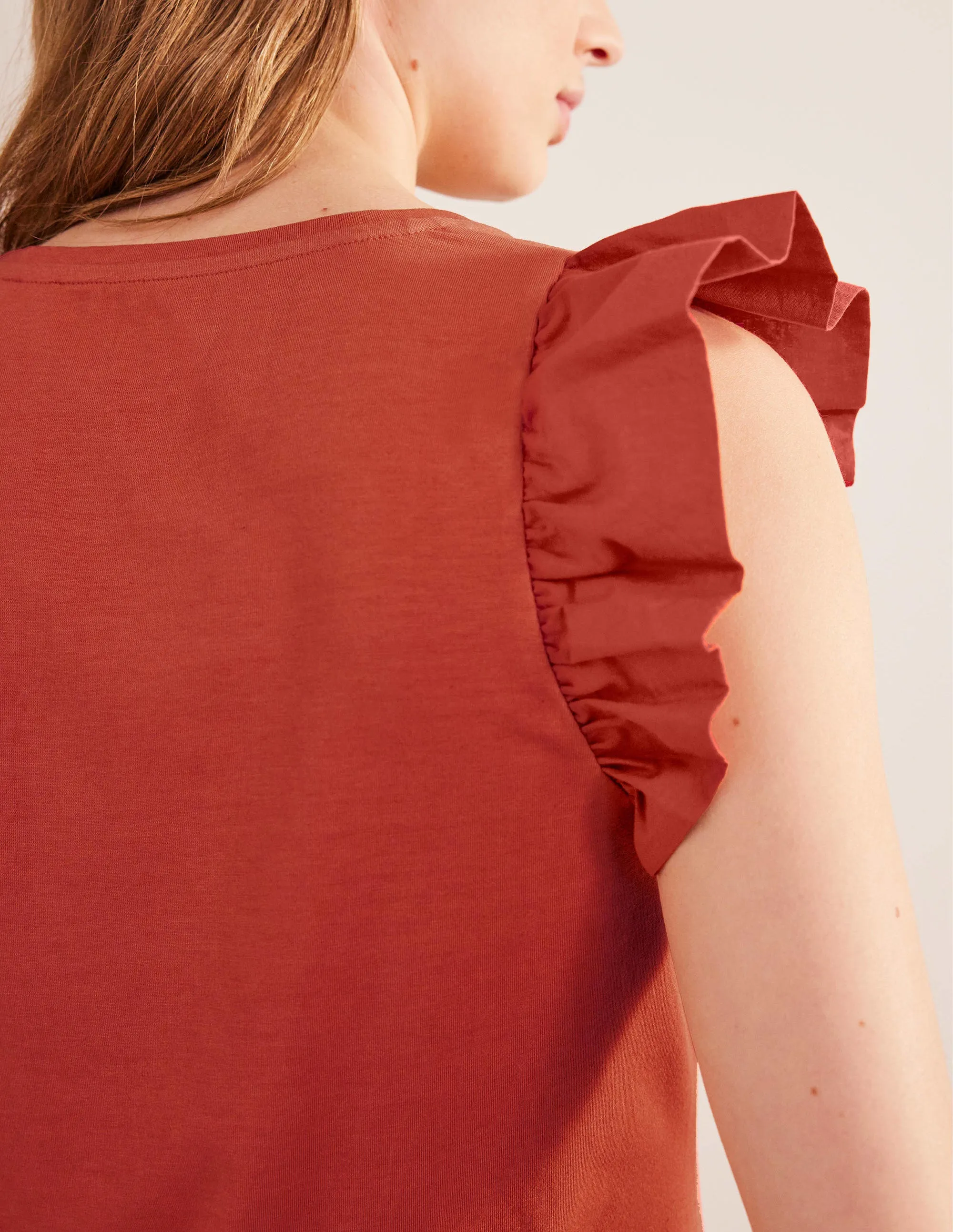Scoop Front Woven Mix Top-Tomato