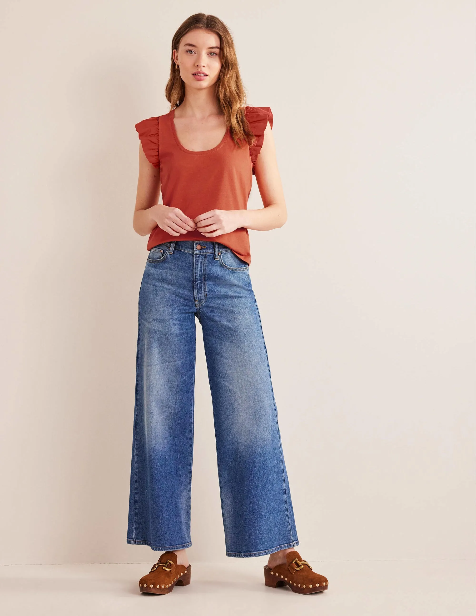 Scoop Front Woven Mix Top-Tomato
