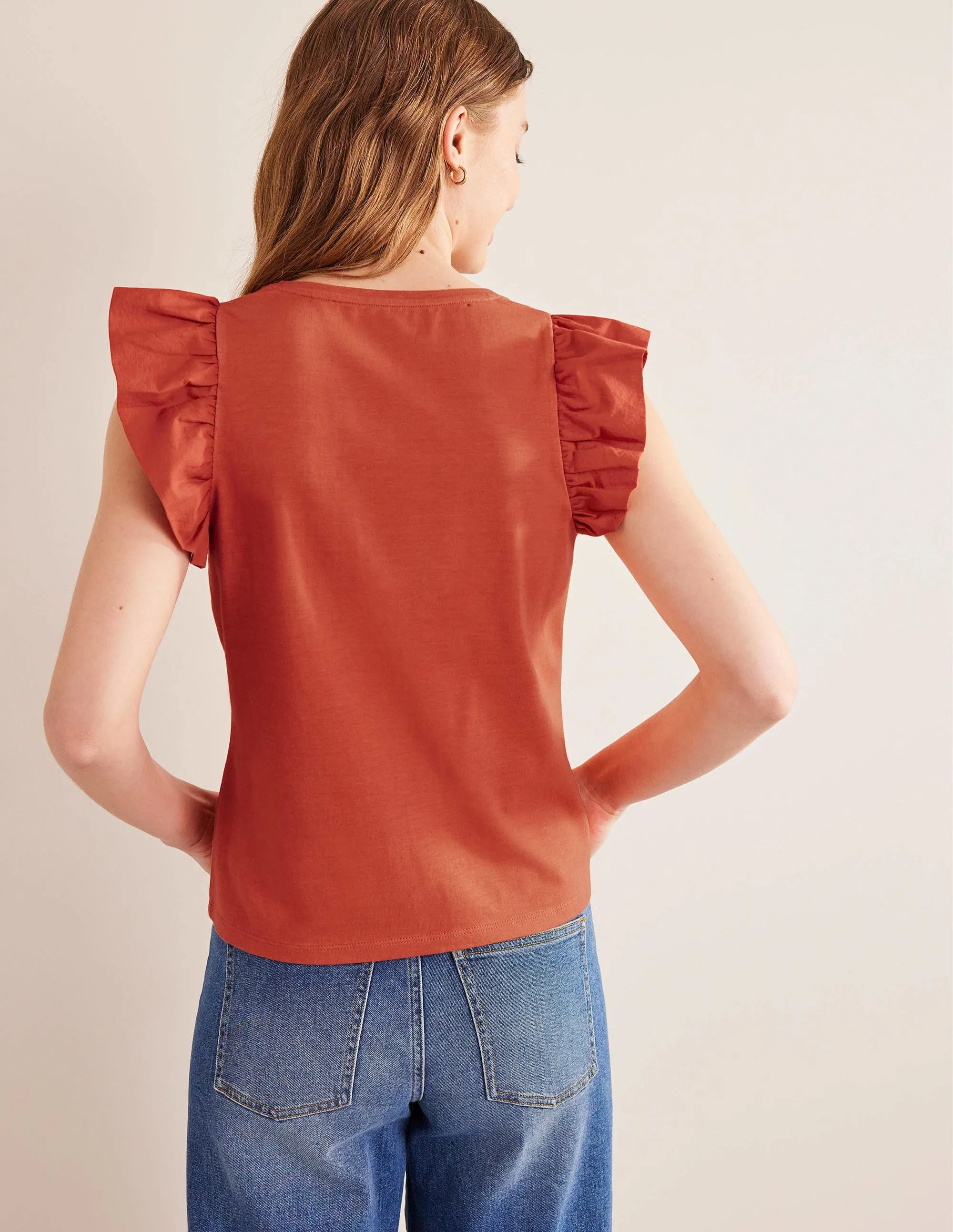 Scoop Front Woven Mix Top-Tomato