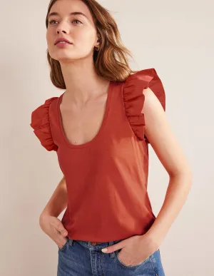 Scoop Front Woven Mix Top-Tomato
