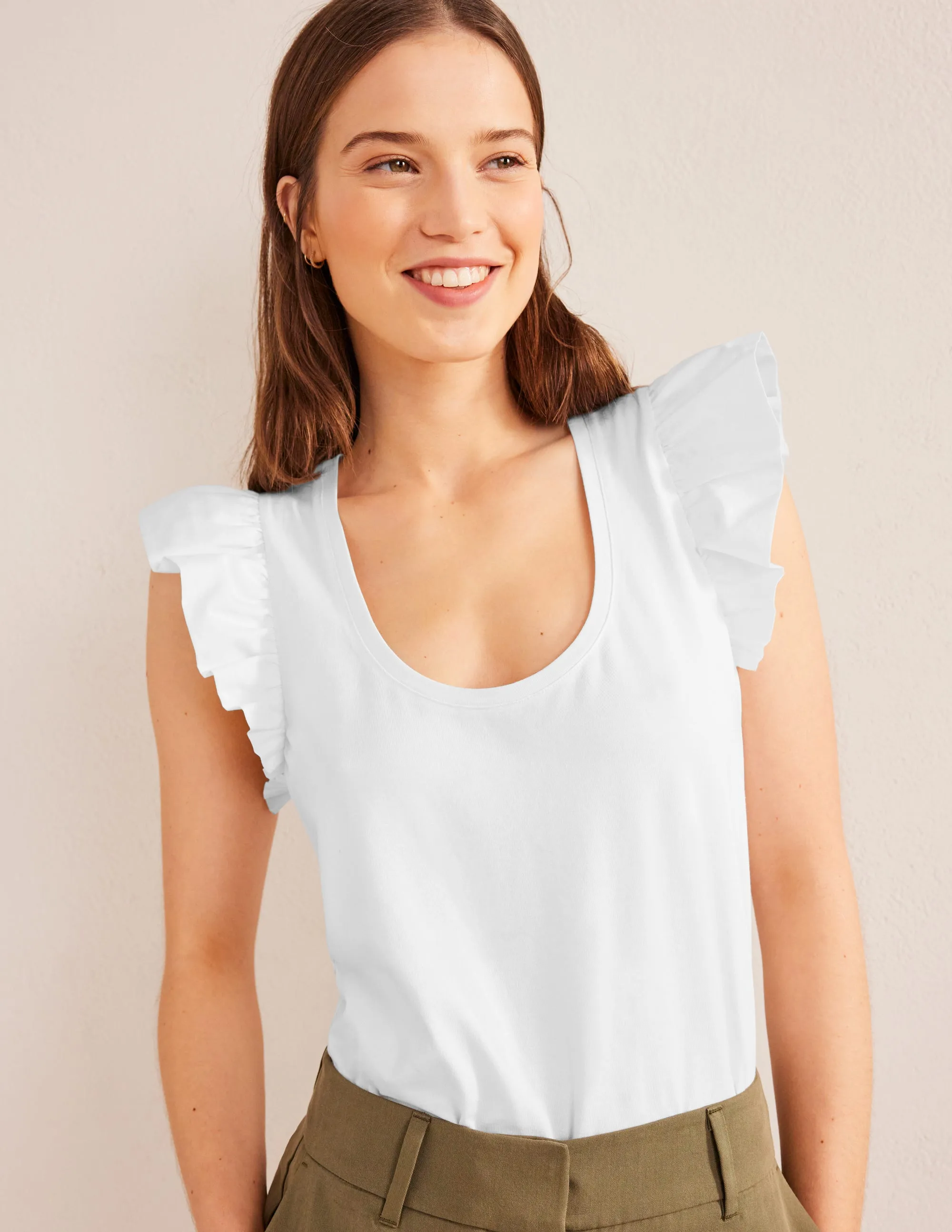 Scoop Front Woven Mix Top-White
