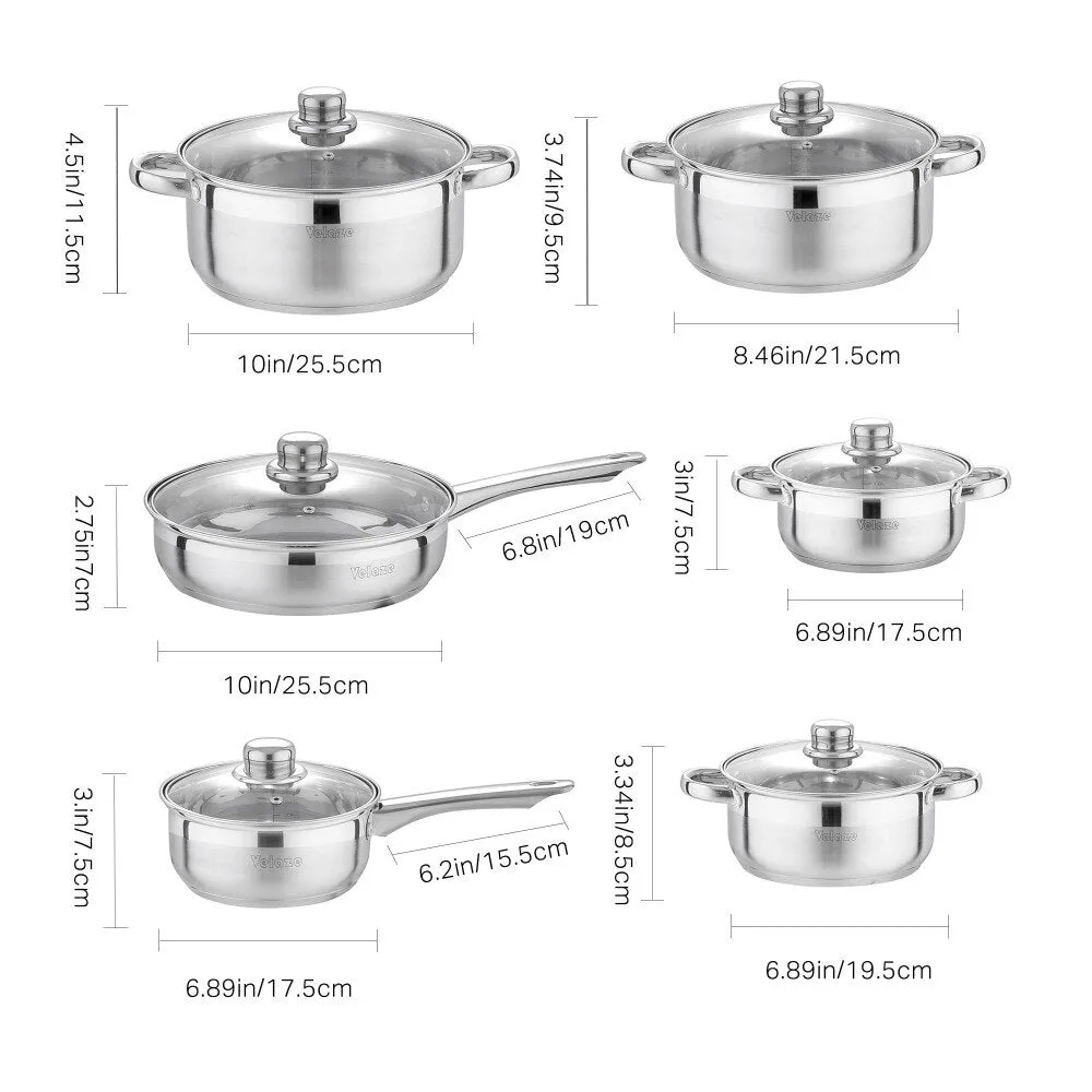 Velaze Cookware Set 12-Piece Kitchen Stainless Steel Cooking Pot & Pan Sets,Induction Safe,Saucepan,Casserole,pan with Glass lid