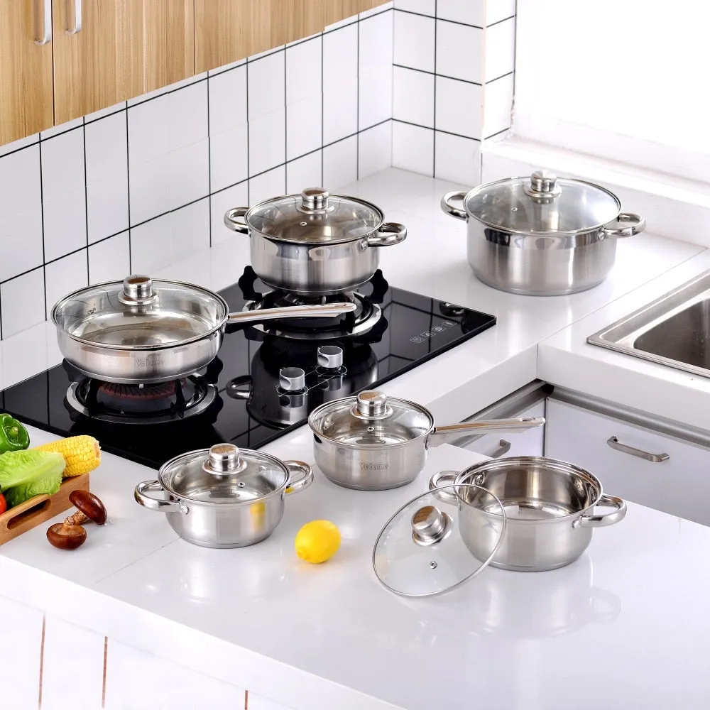 Velaze Cookware Set 12-Piece Kitchen Stainless Steel Cooking Pot & Pan Sets,Induction Safe,Saucepan,Casserole,pan with Glass lid