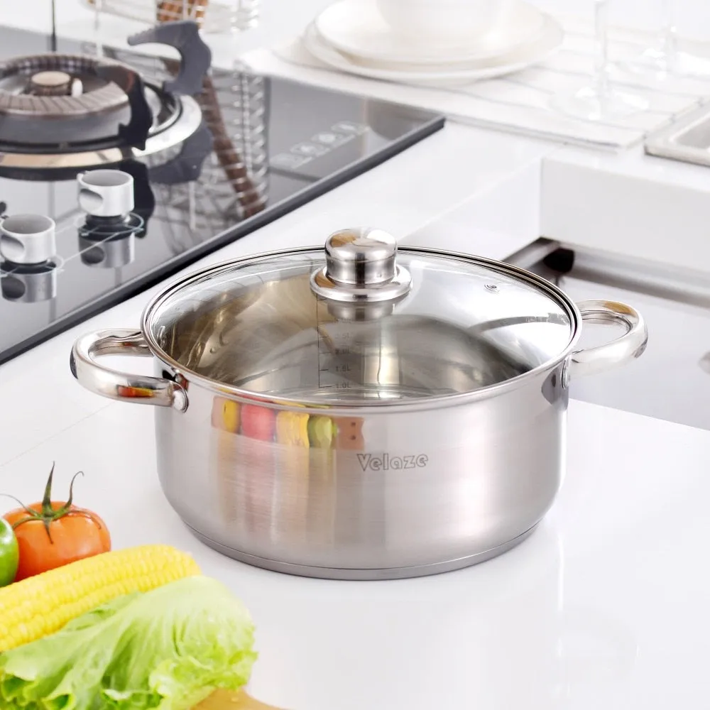 Velaze Cookware Set 12-Piece Kitchen Stainless Steel Cooking Pot & Pan Sets,Induction Safe,Saucepan,Casserole,pan with Glass lid