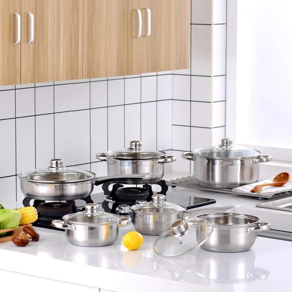 Velaze Cookware Set 12-Piece Kitchen Stainless Steel Cooking Pot & Pan Sets,Induction Safe,Saucepan,Casserole,pan with Glass lid