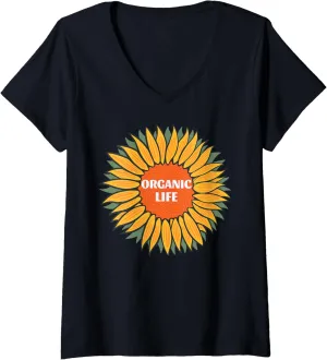 Womens Organic Life Cute Hipster Boho Cooking Gardening Sunflower V-Neck T-Shirt