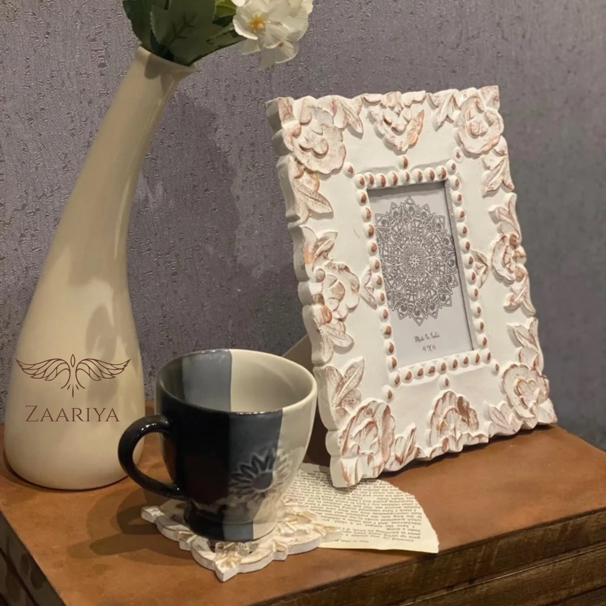 ZAARIYA Photo Frame 6 x 4 Inches | With Wall Mount and Stand | Picture Display for Wall Hanging, Shelf, Mantle, Gifting & Home Decor (White With Copper Touch)