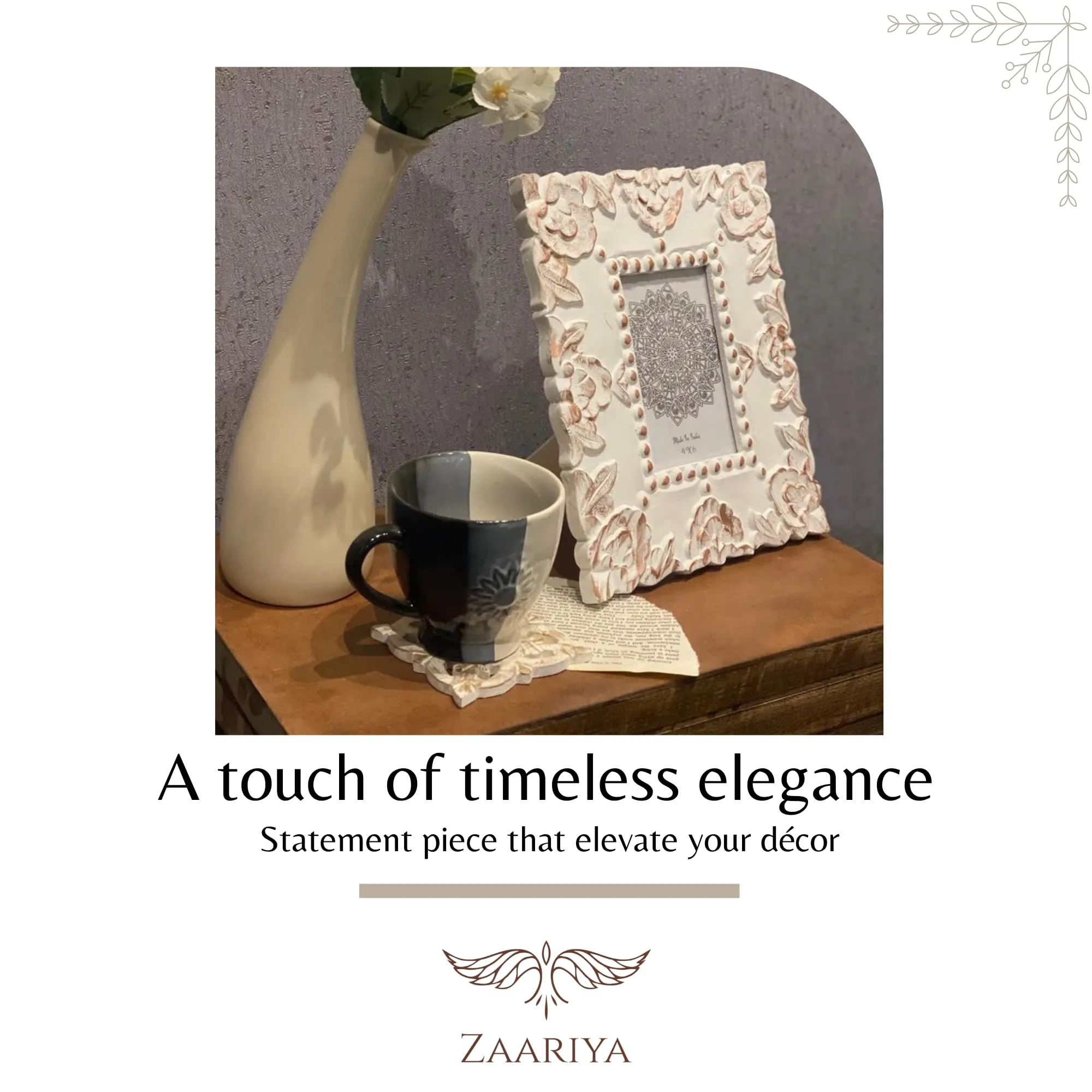 ZAARIYA Photo Frame 6 x 4 Inches | With Wall Mount and Stand | Picture Display for Wall Hanging, Shelf, Mantle, Gifting & Home Decor (White With Copper Touch)