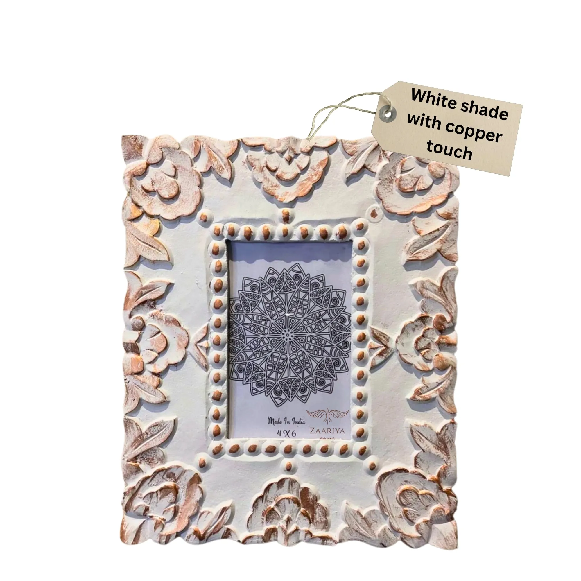 ZAARIYA Photo Frame 6 x 4 Inches | With Wall Mount and Stand | Picture Display for Wall Hanging, Shelf, Mantle, Gifting & Home Decor (White With Copper Touch)