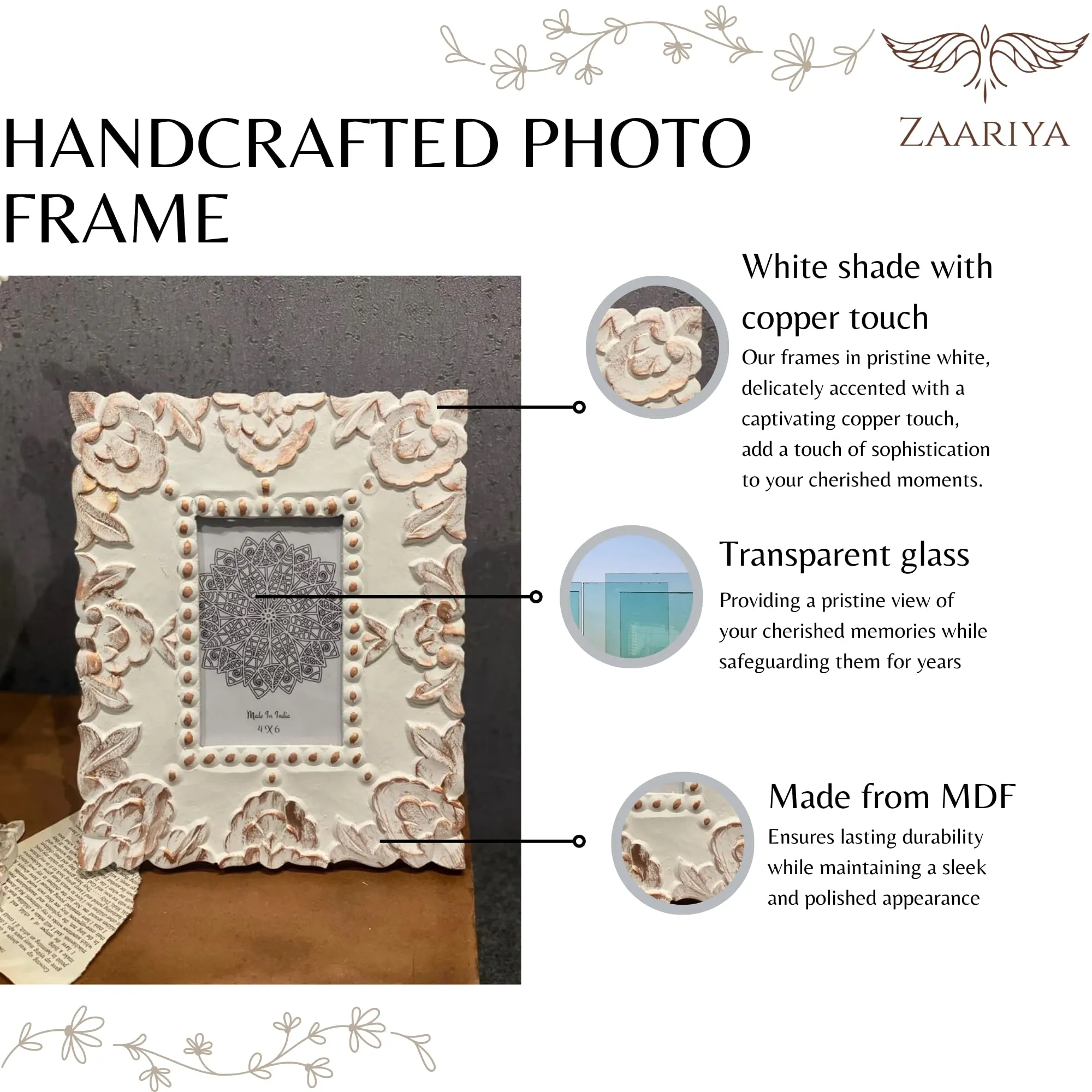 ZAARIYA Photo Frame 6 x 4 Inches | With Wall Mount and Stand | Picture Display for Wall Hanging, Shelf, Mantle, Gifting & Home Decor (White With Copper Touch)